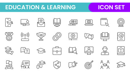 Education line icon collection. Contains knowledge, college, task list, design, training, idea, teacher, file, graduation hat, institute, ruler, and telescope. Education set of web icons in style.