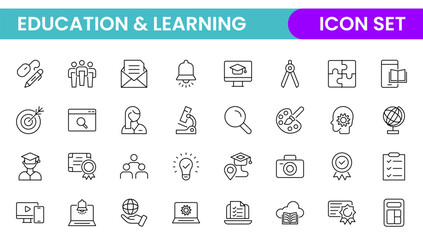 Education line icon collection. Contains knowledge, college, task list, design, training, idea, teacher, file, graduation hat, institute, ruler, and telescope. Education set of web icons in style.