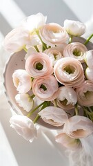 Obraz premium Bouquet pale pink ranunculus flowers light background top view close up