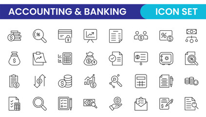Set of line icons related to accounting, audit, and taxes. Outline icon collection. Business symbols.Income set. Containing money, tax, earnings, payment, paycheck, work, pension, and wages icons.
