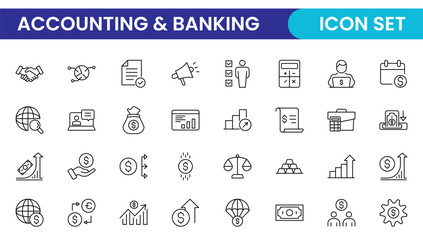 Set of line icons related to accounting, audit, and taxes. Outline icon collection. Business symbols.Income set. Containing money, tax, earnings, payment, paycheck, work, pension, and wages icons.