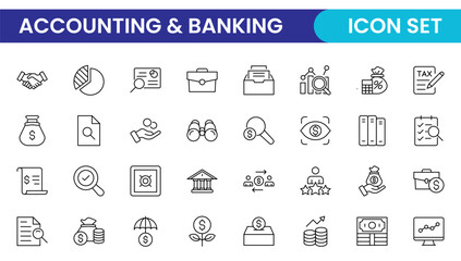 Set of line icons related to accounting, audit, and taxes. Outline icon collection. Business symbols.Income set. Containing money, tax, earnings, payment, paycheck, work, pension, and wages icons.