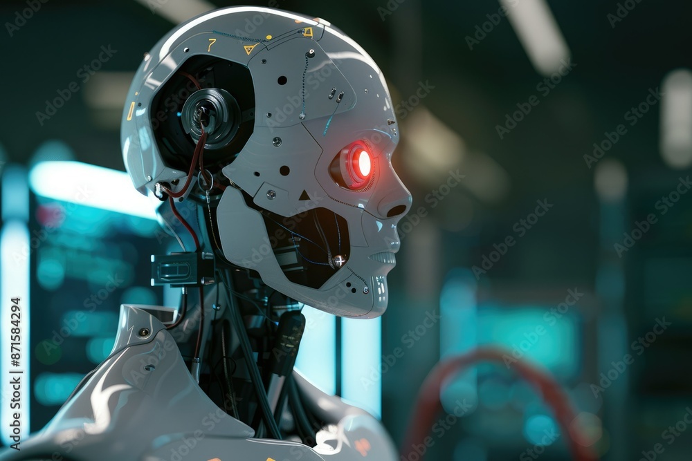 Poster robotic hand on circuit board with stethoscope symbolizes the merging of medical knowledge and techn