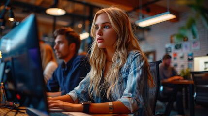 Dynamic office setting with team creating social media content, using sleek desks, ambient lighting, and laptops.

