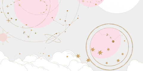 Galaxy themed wedding background vector. Beige and pink luxury card with moon, cloud, star, zodiac, cosmic, gold texture. Starry night cover design for banner, rsvp modern card, interior. © babeer