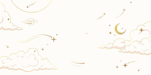 Galaxy themed wedding background vector. Beige and pink luxury card with moon, cloud, star, zodiac, cosmic, gold texture. Starry night cover design for banner, rsvp modern card, interior.