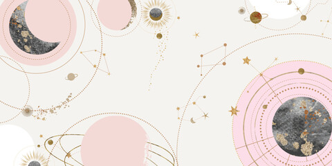 Galaxy themed wedding background vector. Beige and pink luxury card with moon, cloud, star, zodiac, cosmic, gold texture. Starry night cover design for banner, rsvp modern card, interior.