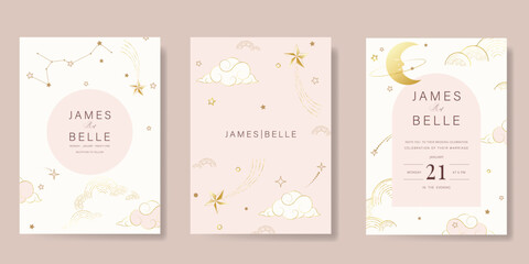 Galaxy themed wedding invitation vector template. Beige and pink luxury card with moon, cloud, gold sparkle. Starry night cover design for background, greeting, brochure, flyer, rsvp modern card.