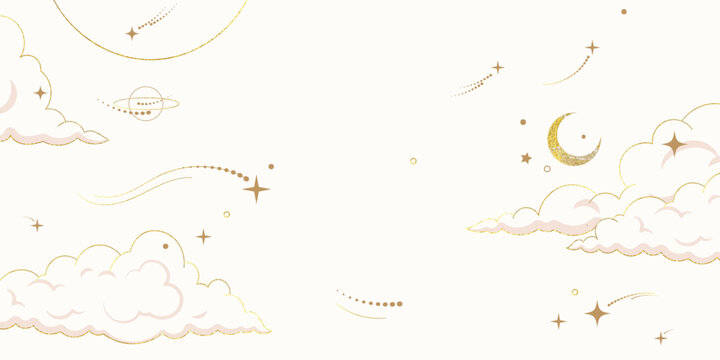 Galaxy themed wedding background vector. Beige and pink luxury card with moon, cloud, star, zodiac, cosmic, gold texture. Starry night cover design for banner, rsvp modern card, interior.