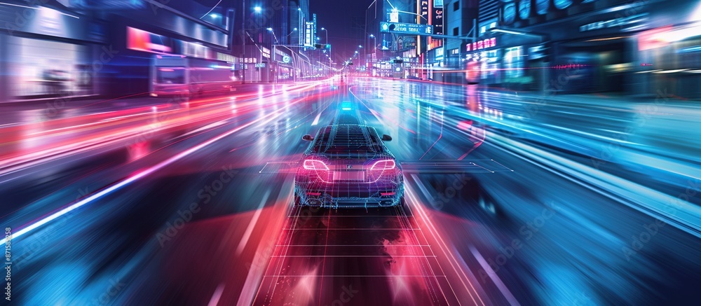 Poster Smart car in autonomous featuring graphic sensor radar signals and internet connectivity.