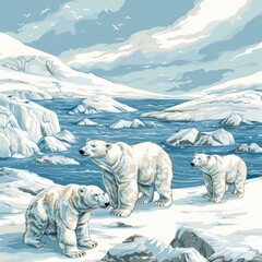 Arctic landscape with polar bears ,isolate ,minimal, simple background