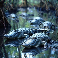 Obraz premium Mangrove swamp with crocodiles ,isolate ,minimal, simple background