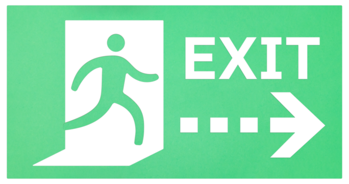 人のアイコンが出口へ向かうマークとEXITの下に点線の矢印を使った非常口の看板