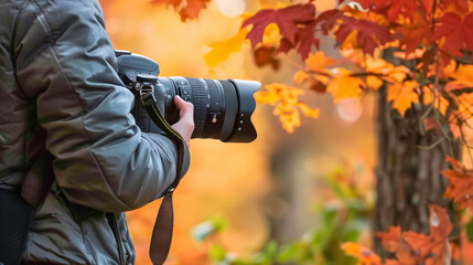 Fototapeta premium Professional Photographer Holding Camera Against Vibrant Autumn Foliage, Capturing Moments with Elegant and Professional Look in Soft Light, Perfect for Photography Enthusiasts in Commercial Style.
