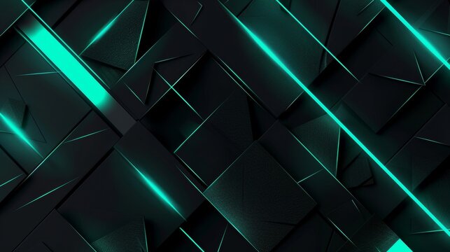 This image features a dark, abstract geometric pattern with sharp angles and teal blue neon light accents creating a modern, futuristic vibe