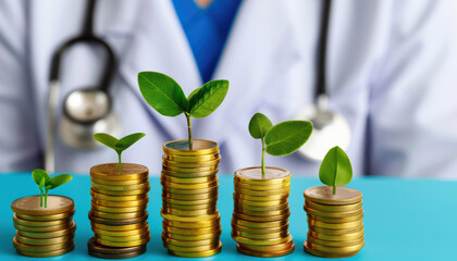 A doctor is standing behind a pile of gold coins and a plant