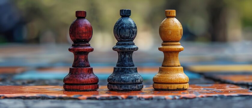 Three chess pieces on a board,  strategically placed.