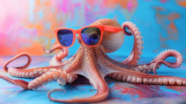 An octopus wearing sunglasses is sitting on a blue surface. The scene is playful and whimsical, with the octopus looking like it's having fun in the sun