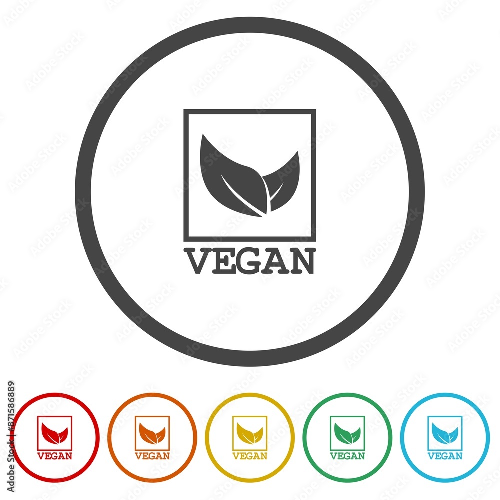 Poster vegan label badge icon. set icons in color circle buttons