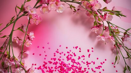 Beautiful blooming willow branches on pink background flat lay