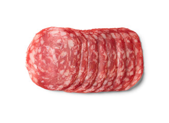 Italian prosciutto crudo or spanish jamon and sausages, Slices of spanish chorizo salami on white