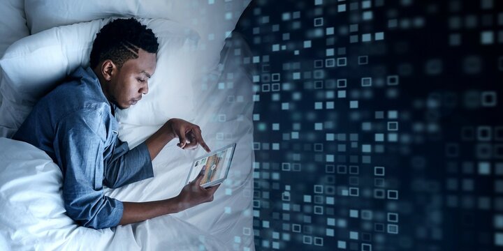 Man using a tablet in bed at night