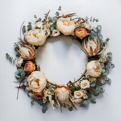 Obraz premium Round frame wreath with dried flowers beige peony protea eucalyptus branches roses on white background flat lay top view floral background