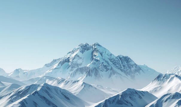 minimalist 3d rendering of snow-covered mountain peaks in high resolution with clear focus, subtle background blur, soft shadows, and professional color grading, evoking calmness and peace