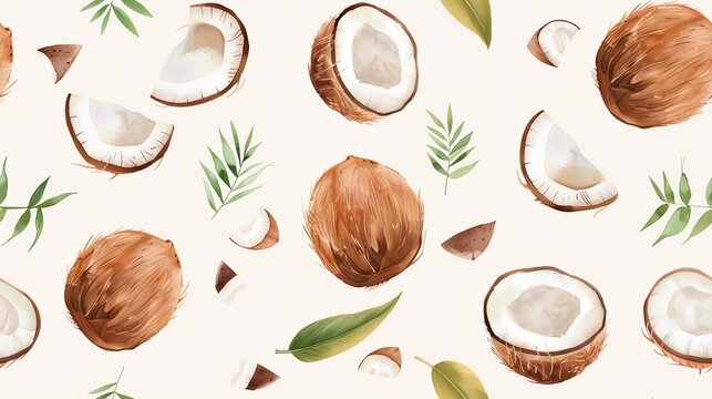 Watercolor seamless pattern of hand-drawn coconuts with tropical browns