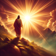 Obraz premium Divine Light Jesus at Dawn | Jesus stands at the peak of a mountain, bathed in the golden rays of the rising sun. The warm light cascades over the landscape.