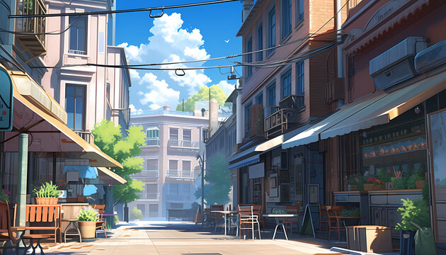 anime background illsutration, atmosphere of a empty street in the middle of a beautiful city