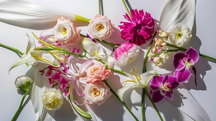 Flat lay composition with different beautiful flowers on white background