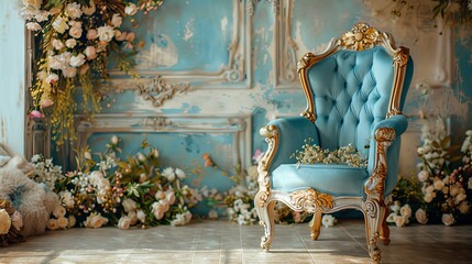 A luxurious vintage chair with blue upholstery set amidst an ornate room with floral arrangements and vintage wall patterns