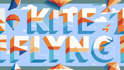 dynamic scene of a kite flyer flying a colorful kite in the sky, showcasing their skills and the movement of the wind, featuring the word kite flying