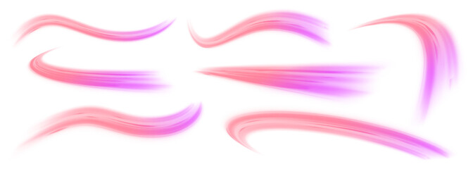 Set of neon speed lines on transparent background PNG. Rotating dynamic neon circle. Colored shiny sparks of spiral wave. Expressway, the effect of car headlights.	