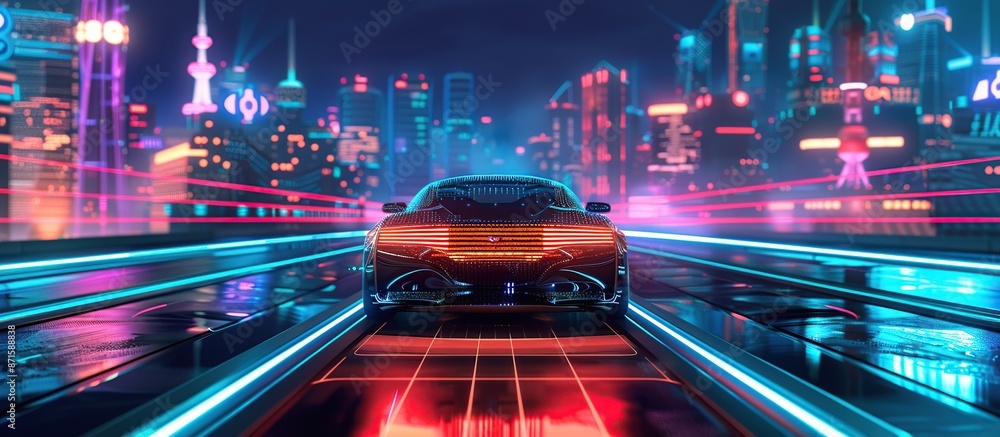 Poster illustration of a car navigation system with sensory radar signals and internet connectivity.