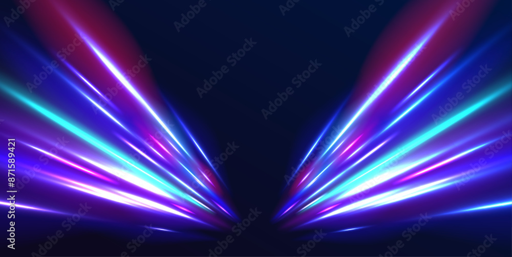Poster horizontal night road in the form of a panorama with neon lights. car motion trails. speed line moti