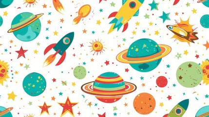This vibrant image features a pattern of various cartoon-style space elements such as rockets, planets, and stars on a light background