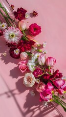 Obraz premium Flowers composition on a pink background flat lay top view