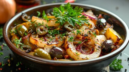 French cuisine. Baked onion salad with olives and gherkins. 