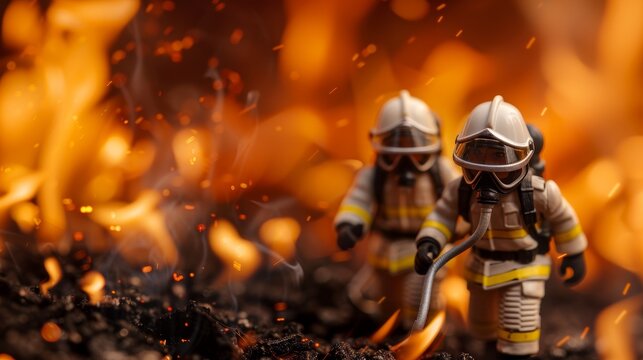 Firefighter toy figures in rescue mission, miniature models against the fire, isolated background, studio lighting, detailed and action-oriented