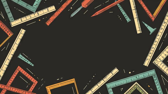 An array of colorful rulers and pencils scattered on a dark background, providing a sense of creativity, education, and design