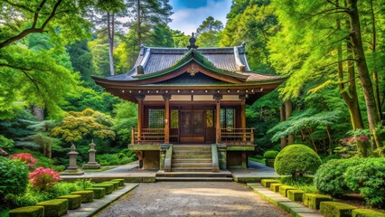 Obraz premium Tranquil landscape of a traditional Japanese shrine surrounded by lush greenery, Shinto shrine, Japan, tranquil