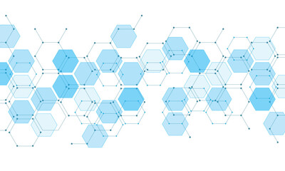 Blue hexagon pattern. Medical technology design. Neon dots connected by lines.