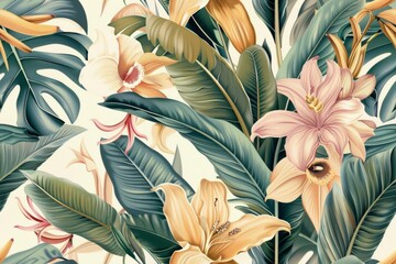 Seamless pattern made up of tropical flowers.