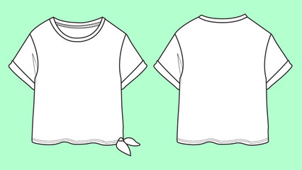 Girls short sleeve turn up tee fashion flat sketch vector.  