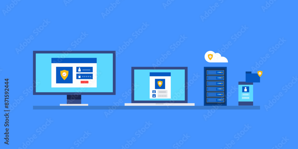 Poster digital data protection, cyber technology computer laptop secure server cloud storage vector illustr