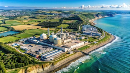 A detailed aerial view of the EPR reactor and nuclear power plant in Flamanville, France