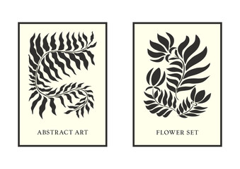 Set of posters in the modern style. Interior and home decoration. Brochure. Abstraction. Tropical flowers. Botany. Boho. Template. Trendy art pastel beige floral. Psychedelic. 60s and 70s.