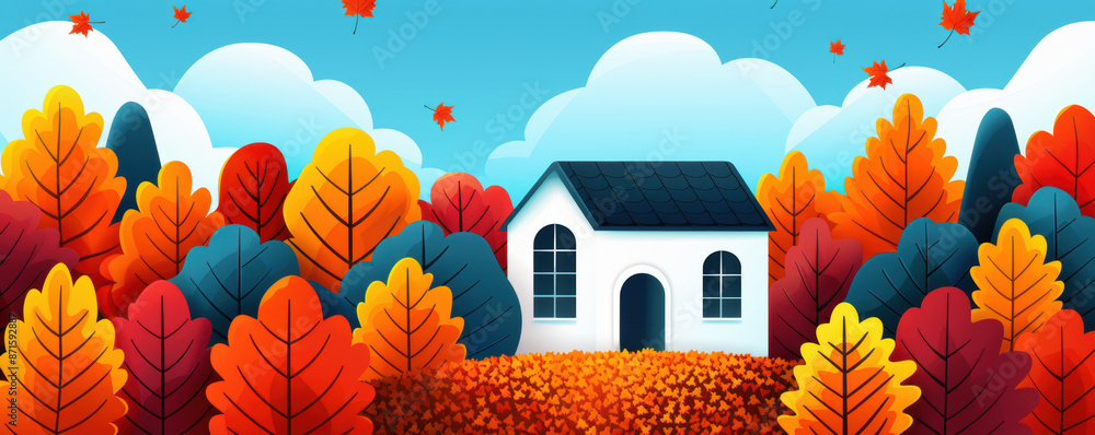 Poster a house is in the middle of a forest with trees in the background